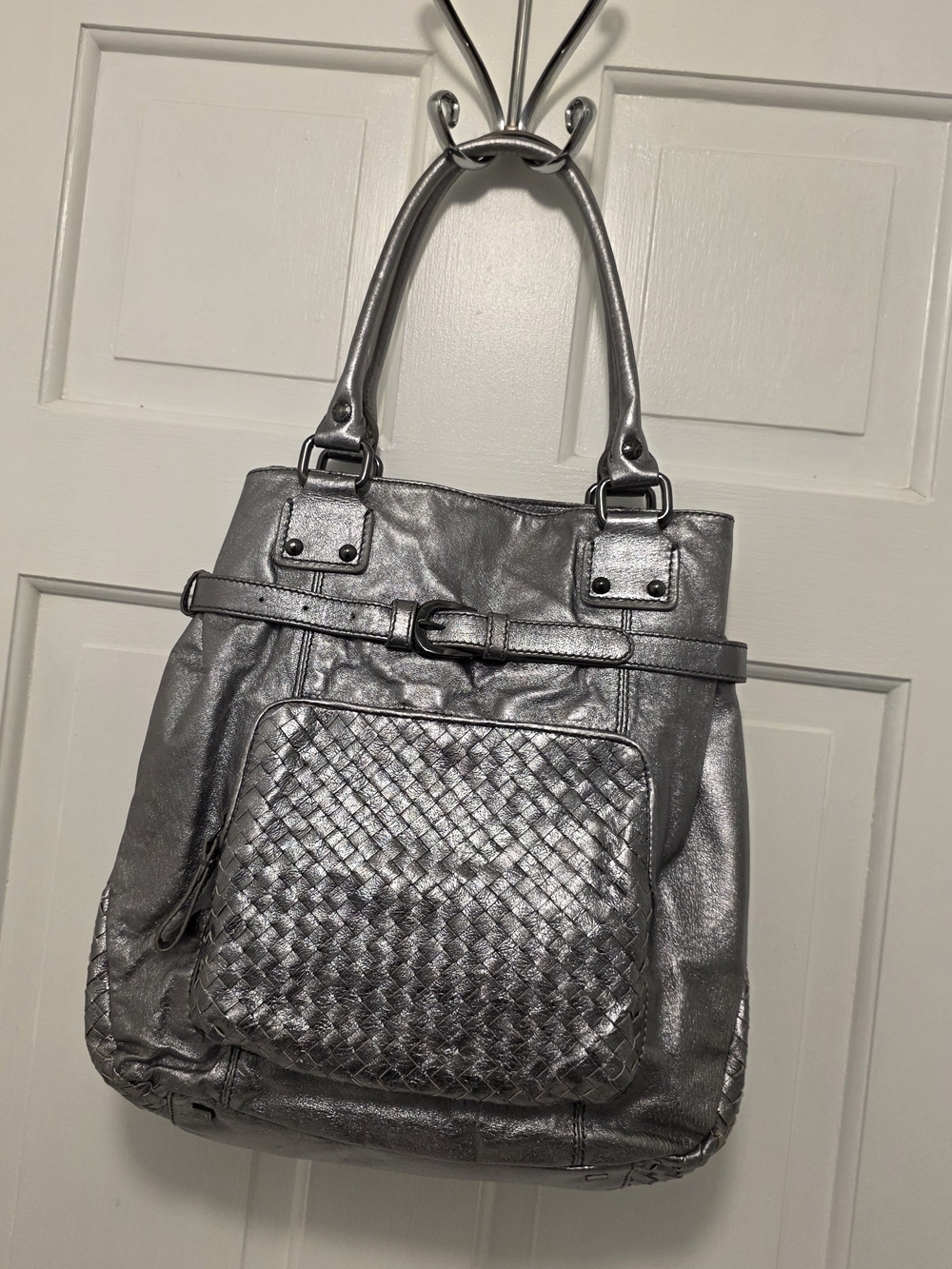 Elliott Lucca Silver Metallic Woven Front Leather Shoulder Bag, Stylish, Unique